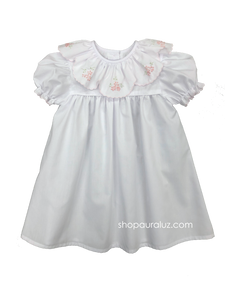 Auraluz Day Gown...White with ruffle collar,pink scallop trim and embroidered flowers