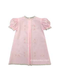 Auraluz Girl Day Gown..Pink with ecru lace and embroidered tiny buds
