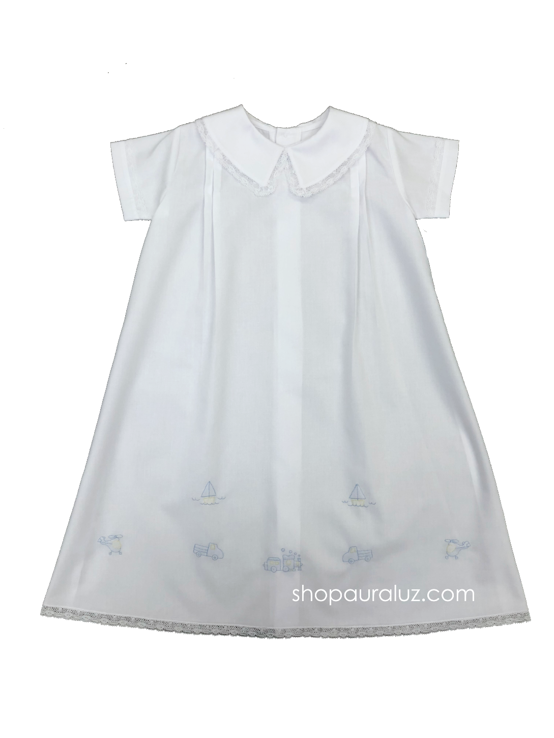 Auraluz Boy Day Gown..White with white lace and embroidered assorted transportation