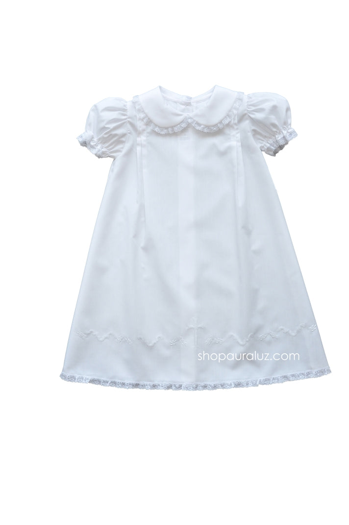 Auraluz Girl Day Gown..White with white lace and embroidered cross