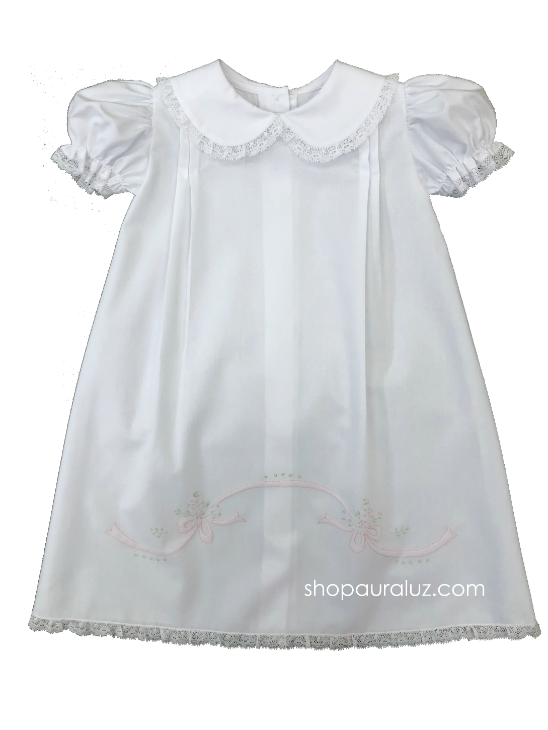 Auraluz Girl Day Gown..White with white lace and embroidered ribbon bows