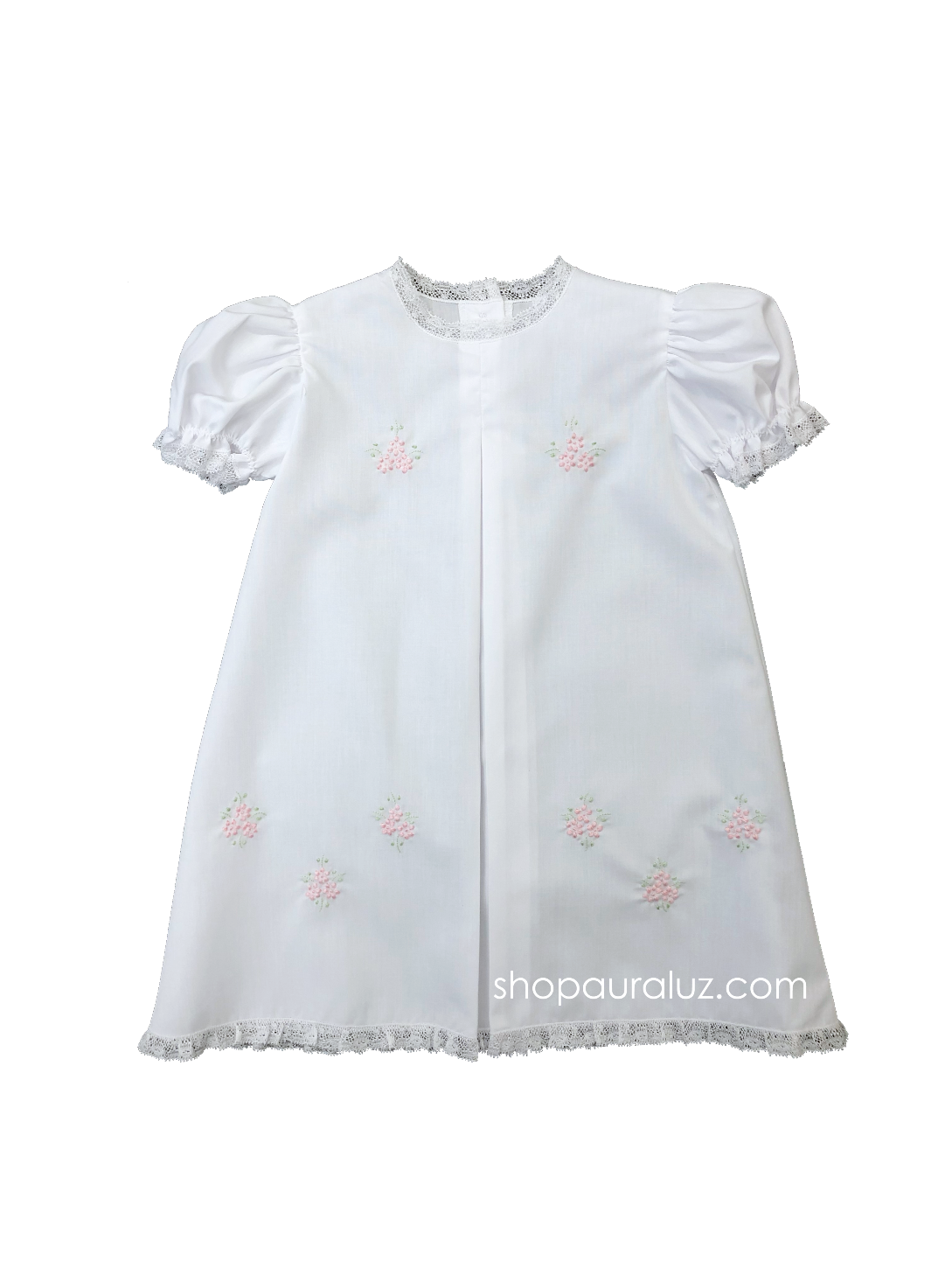 Auraluz Girl Day Gown..White with white lace and embroidered flowers