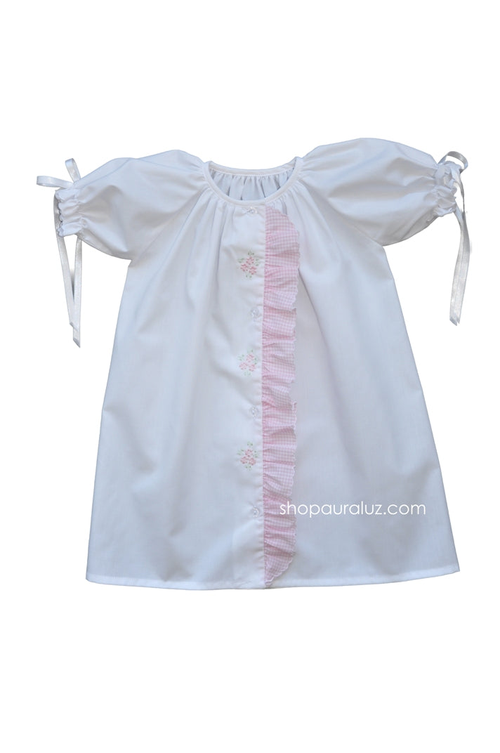 Auraluz Day Gown..White with pink check ruffle,ribbons and embroidered flowers