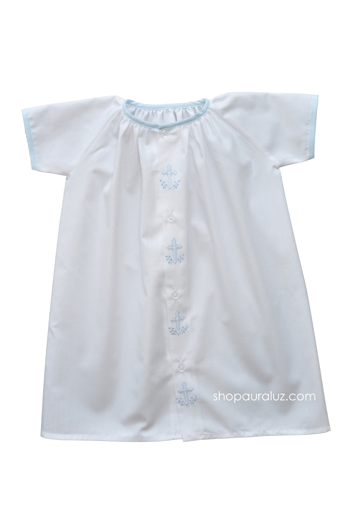 Auraluz Day Gown. White with blue binding trim and embroidered crosses