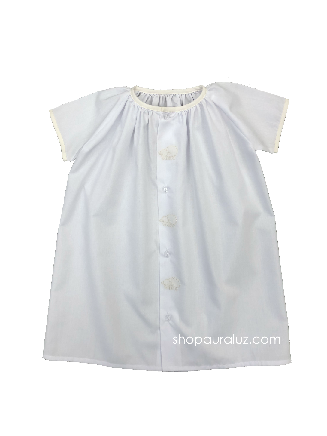 Auraluz Day Gown. White with ecru binding trim and embroidered lambs