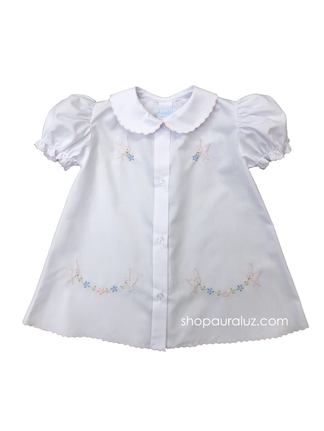 Auraluz Day Gown..White with pink scallops, p.p.collar and embroidered birds