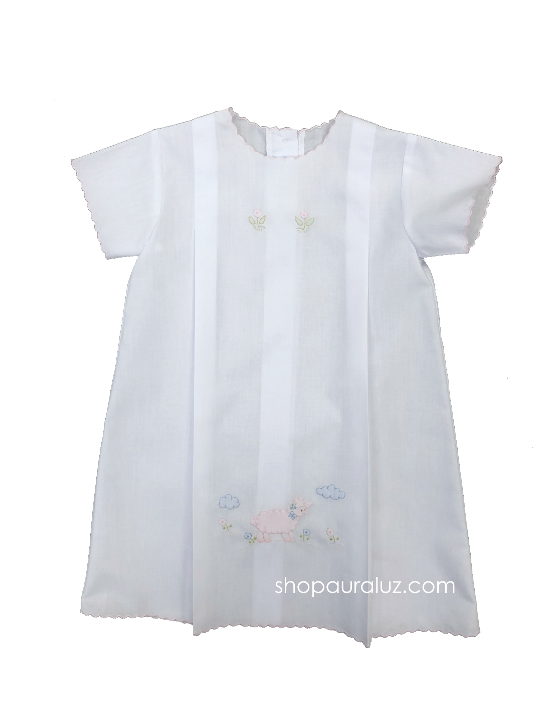 Auraluz Day Gown...White with pink embroidered lamb