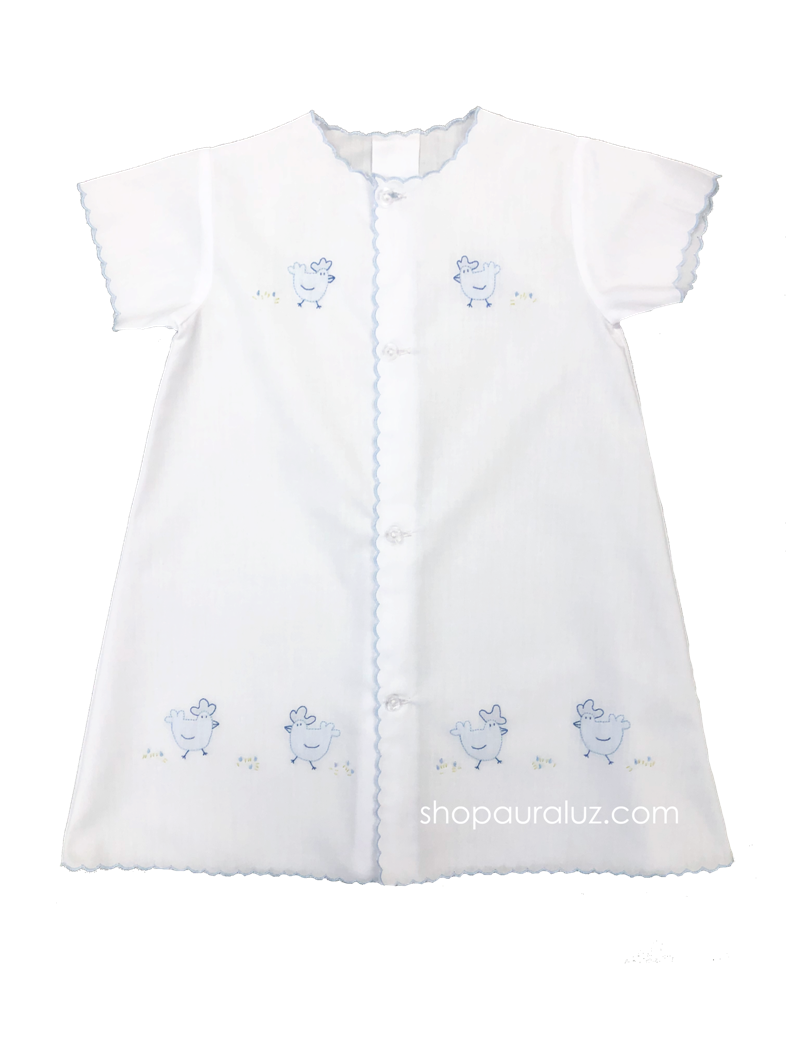 Auraluz Day Gown..White with blue scallops and embroidered chickens