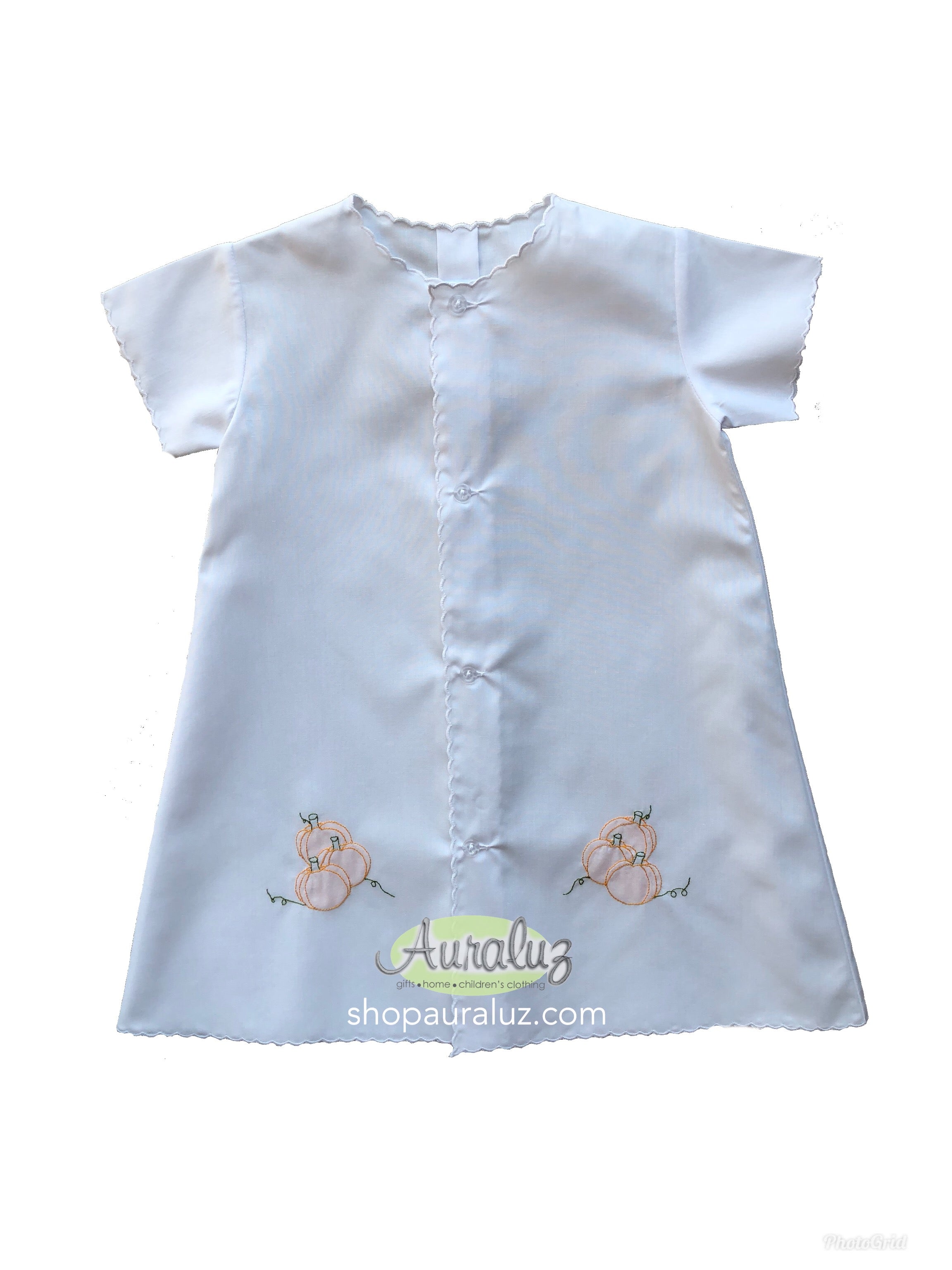 Auraluz Day Gown..White with white scallops and embroidered pumpkins. STORE EXCLUSIVE!