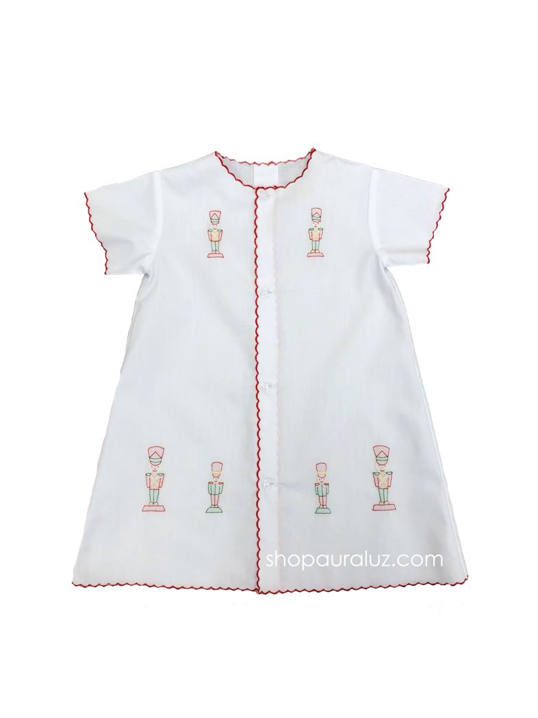 Auraluz Christmas Day Gown..White with red scallops and embroidered toy soldiers