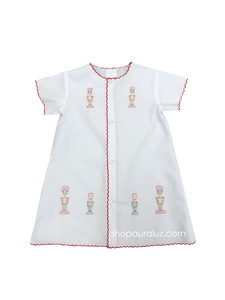 Auraluz Christmas Day Gown..White with red scallops and embroidered toy soldiers