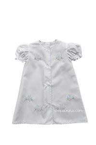 Auraluz Day Gown..White with blue scallops and embroidered blue birds