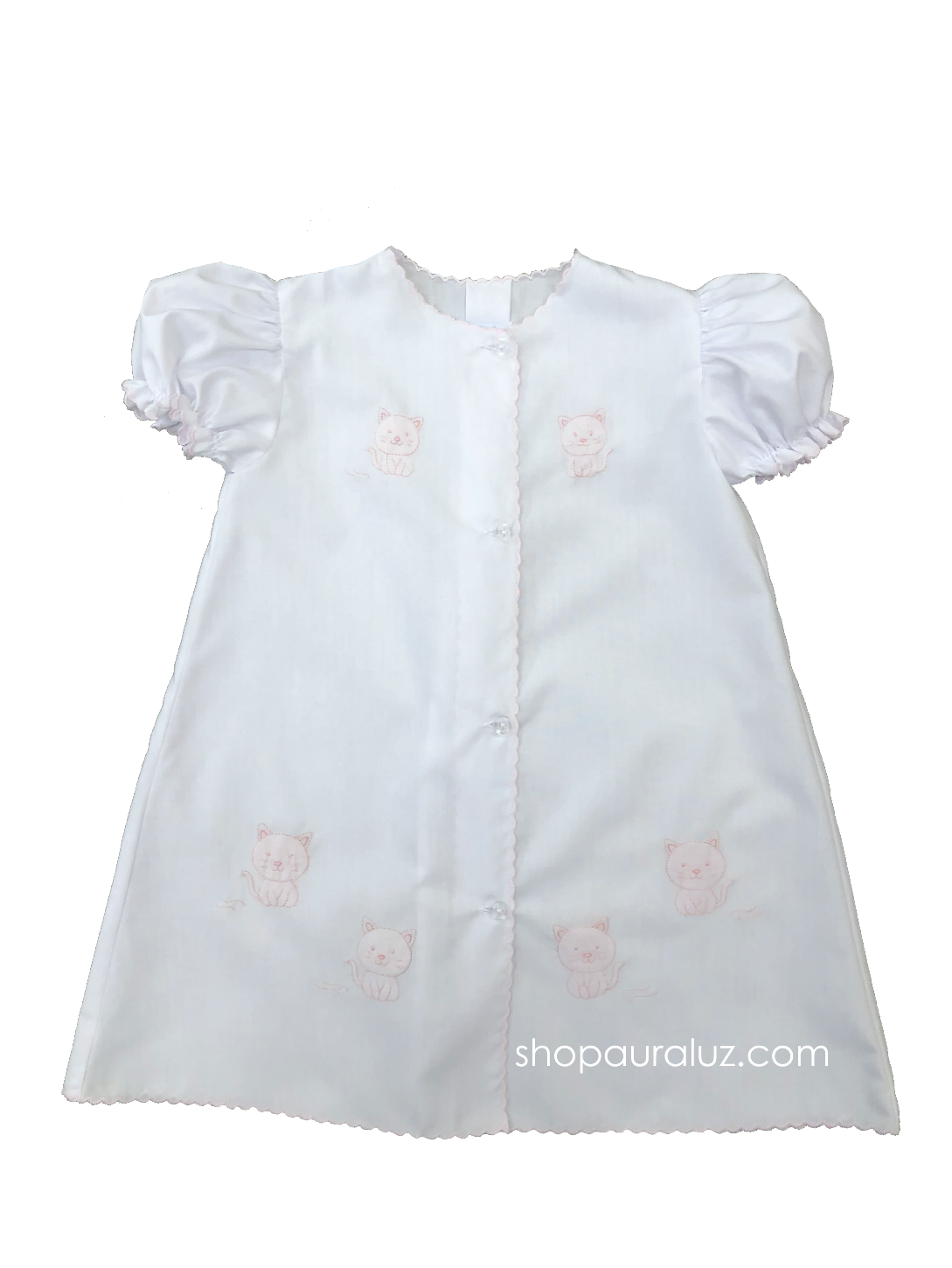 Auraluz Day Gown..White with pink scallops and embroidered kitty cats