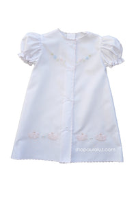 Auraluz Day Gown..White with pink scallops and embroidered puppy dogs