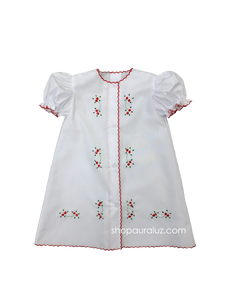 Auraluz Christmas Day Gown..White with red scallops and embroidered tiny buds