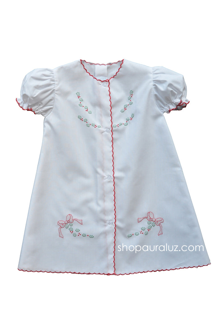Auraluz Christmas Day Gown..White with red scallops and embroidered bows