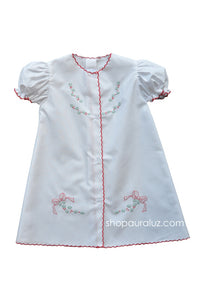 Auraluz Christmas Day Gown..White with red scallops and embroidered bows