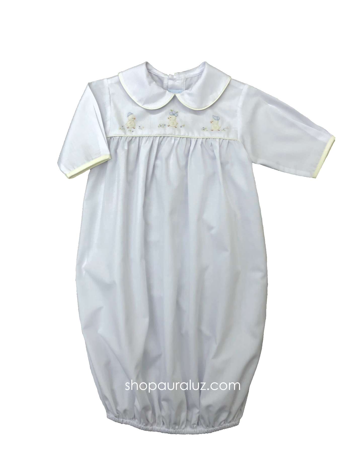 Auraluz Saque, l/s...White with p.p.collar, yellow binding trim and embroidered chicks