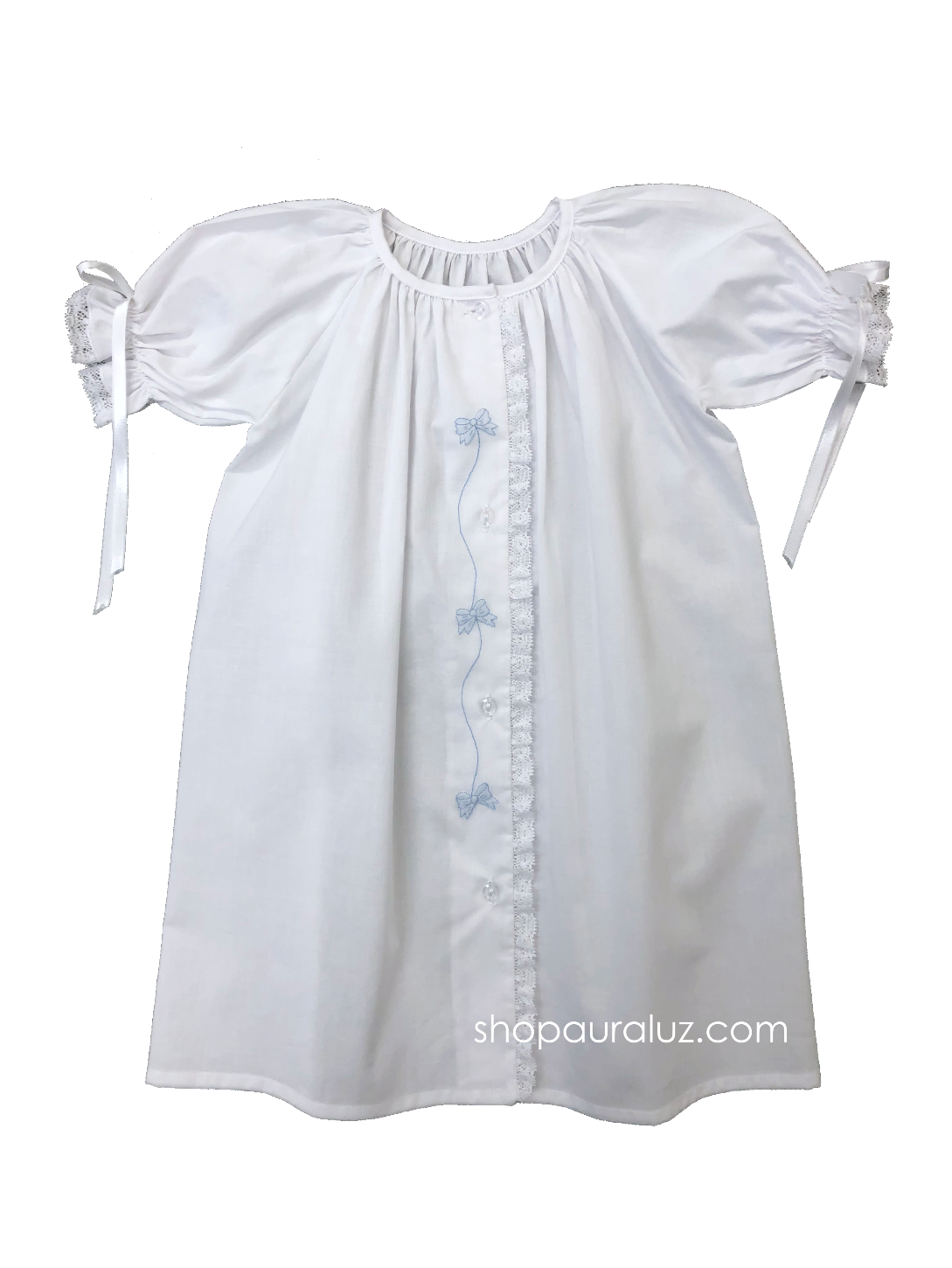 Auraluz Day Gown..White with white lace,ribbons and embroidered blue bows