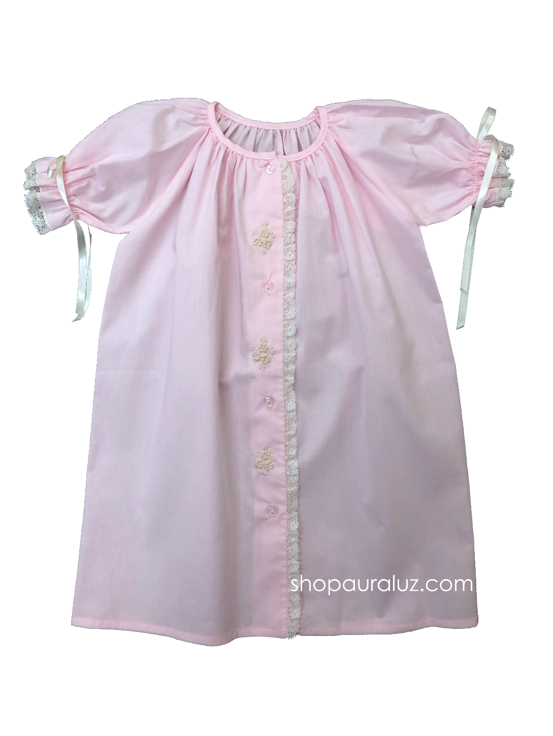 Auraluz Day Gown l/s..Pink with ecru lace, ribbons and embroidered flowers