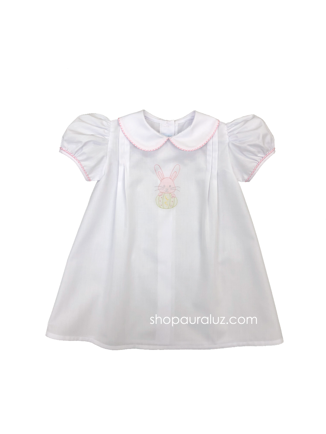 Auraluz Day Gown...White with pink check trim, p.p. collar and embroidered bunny