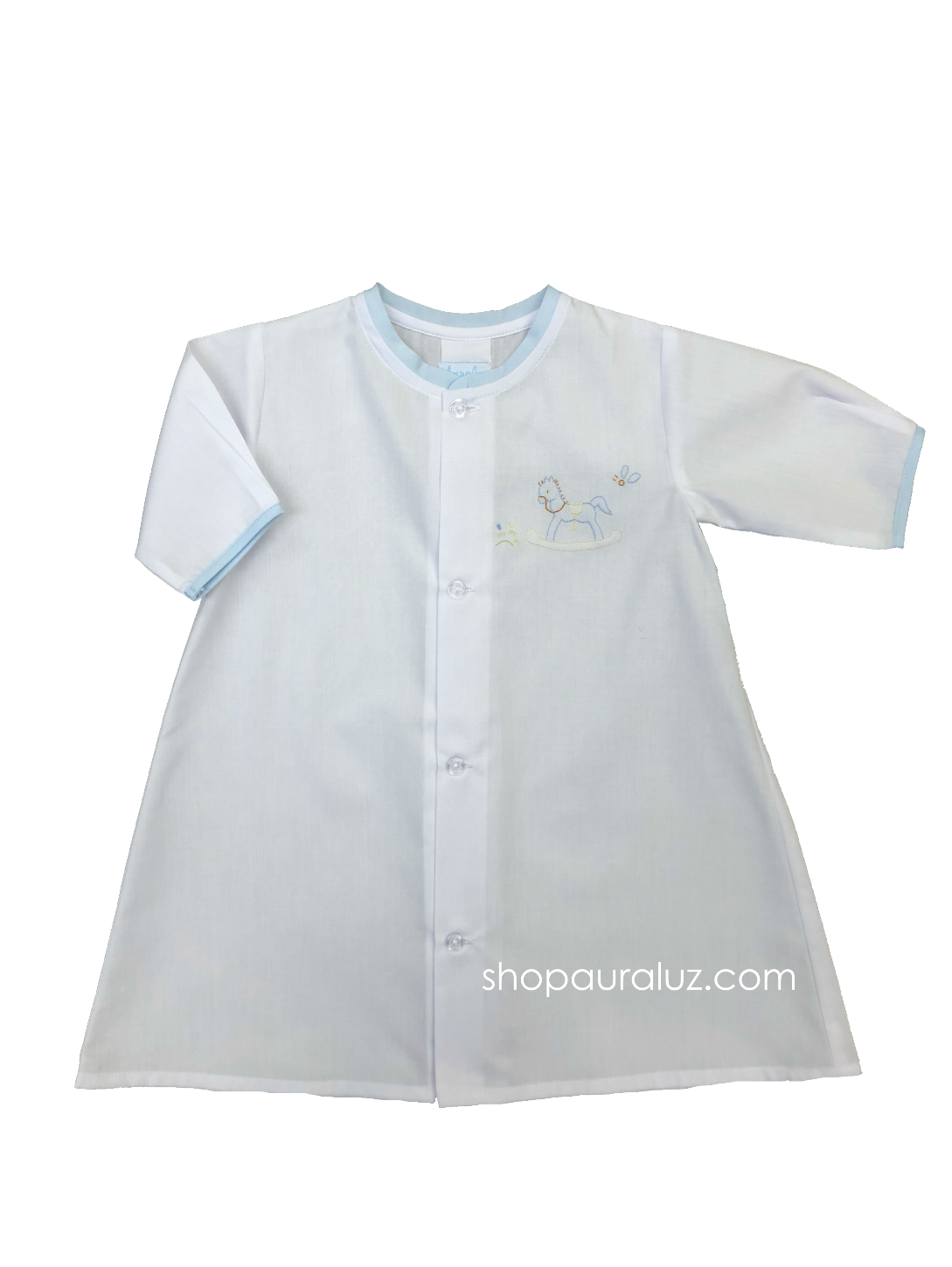 Auraluz Boy Day Gown, l/s...White with blue trim and embroidered rocking horse