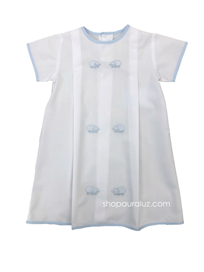 Auraluz Boy Day Gown...White with blue binding trim and embroidered lambs