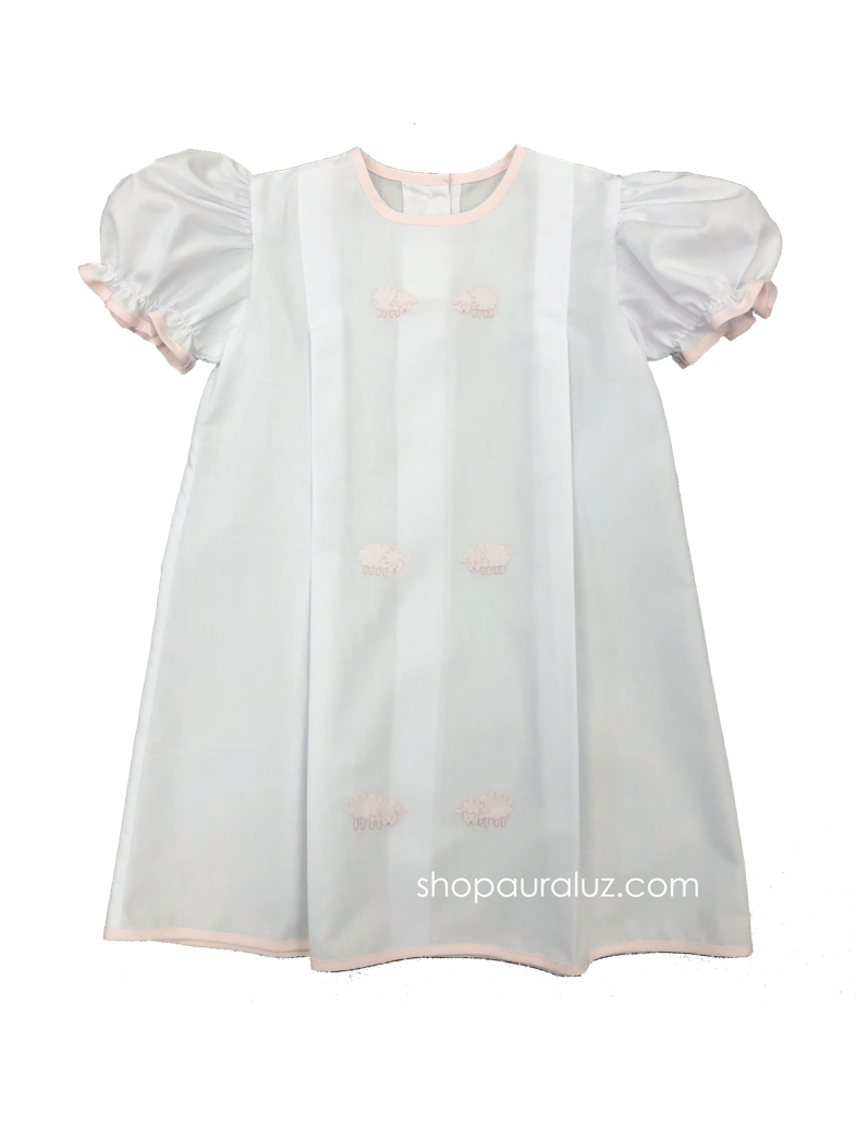 Auraluz Girl Day Gown...White with pink binding trim and embroidered lambs
