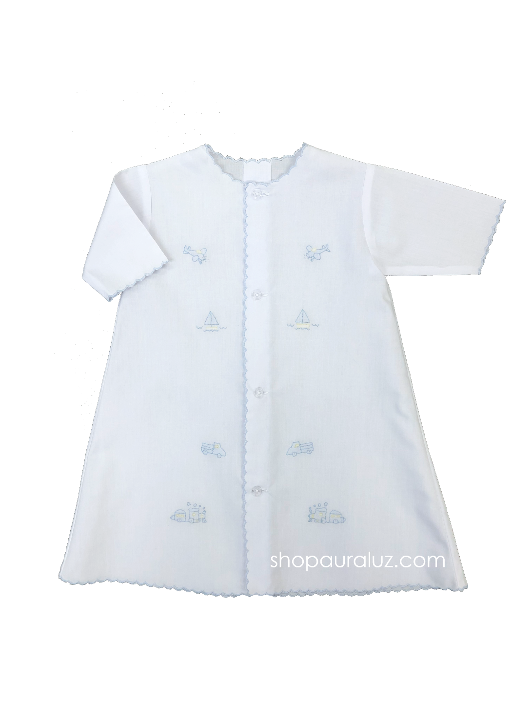 Auraluz Day Gown, l/s..White with blue scallops and transportation embroideries
