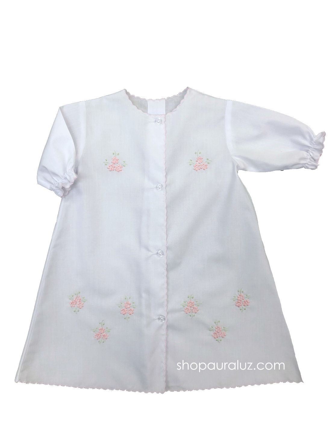 Auraluz Day Gown, l/s..White with pink scallops and embroidered flowers