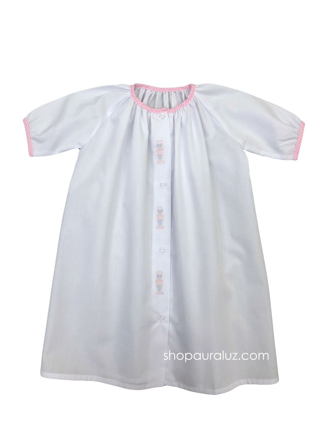 Auraluz Day Gown. White with pink check trim and embroidered soldiers