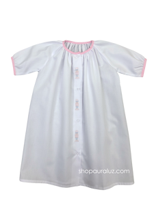 Auraluz Day Gown. White with pink check trim and embroidered soldiers