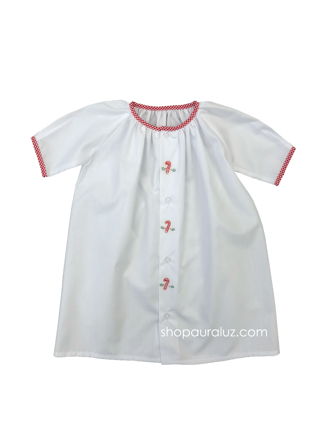 Auraluz Day Gown. White with red check trim and embroidered candy canes