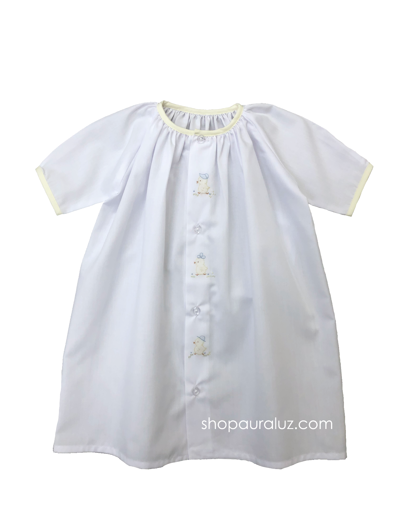 Auraluz Day Gown, l/s...White with yellow binding trim and embroidered chicks