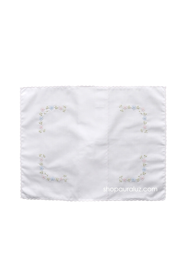 Auraluz Pillow Sham..White with pink scallop trim and embroidered flowers