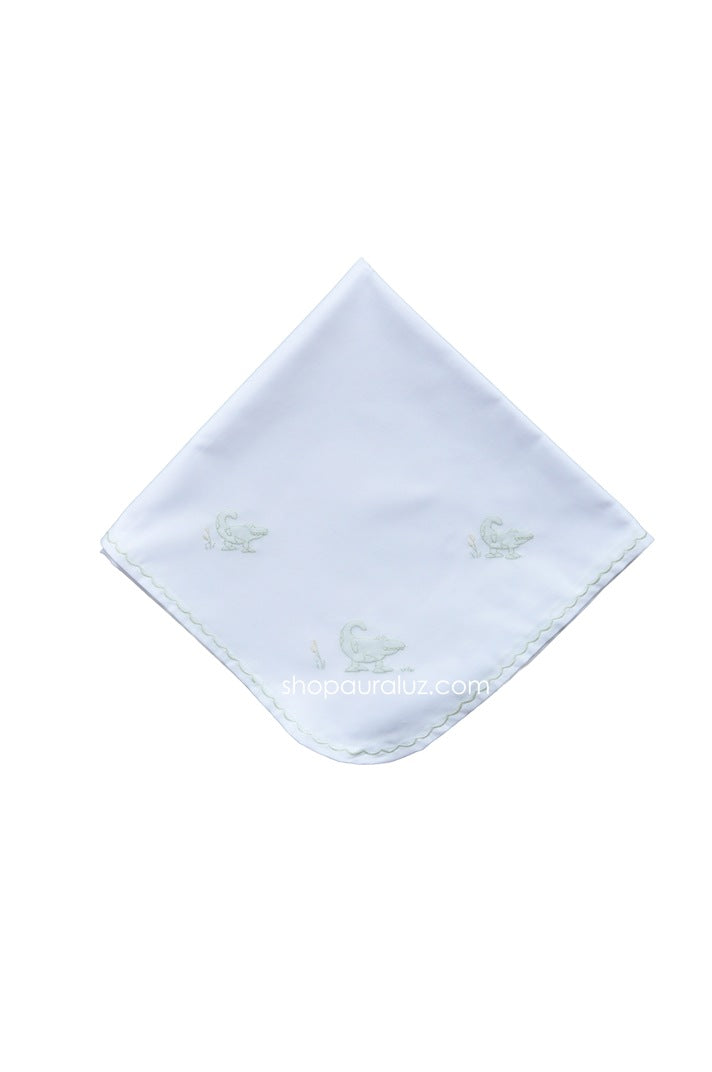 Auraluz Blanket..White w/green scallops and embroidered alligator