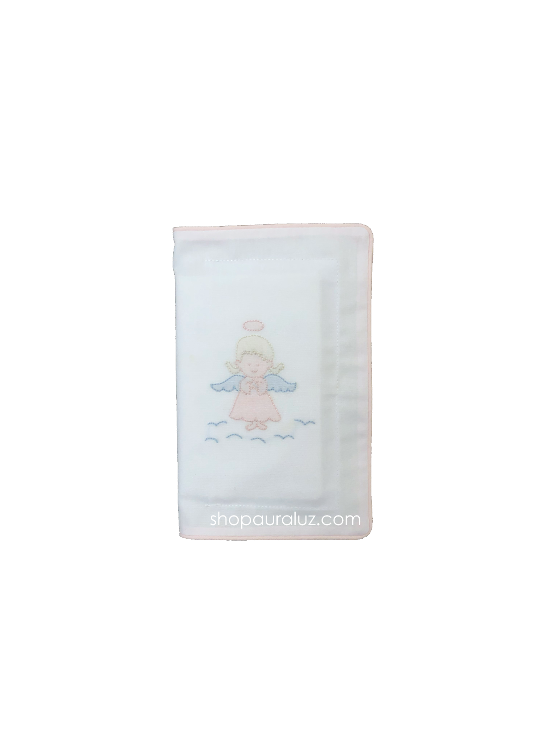 Auraluz Bible/Cover..White with pink piping trim and embroidered angel. STORE EXCLUSIVE!
