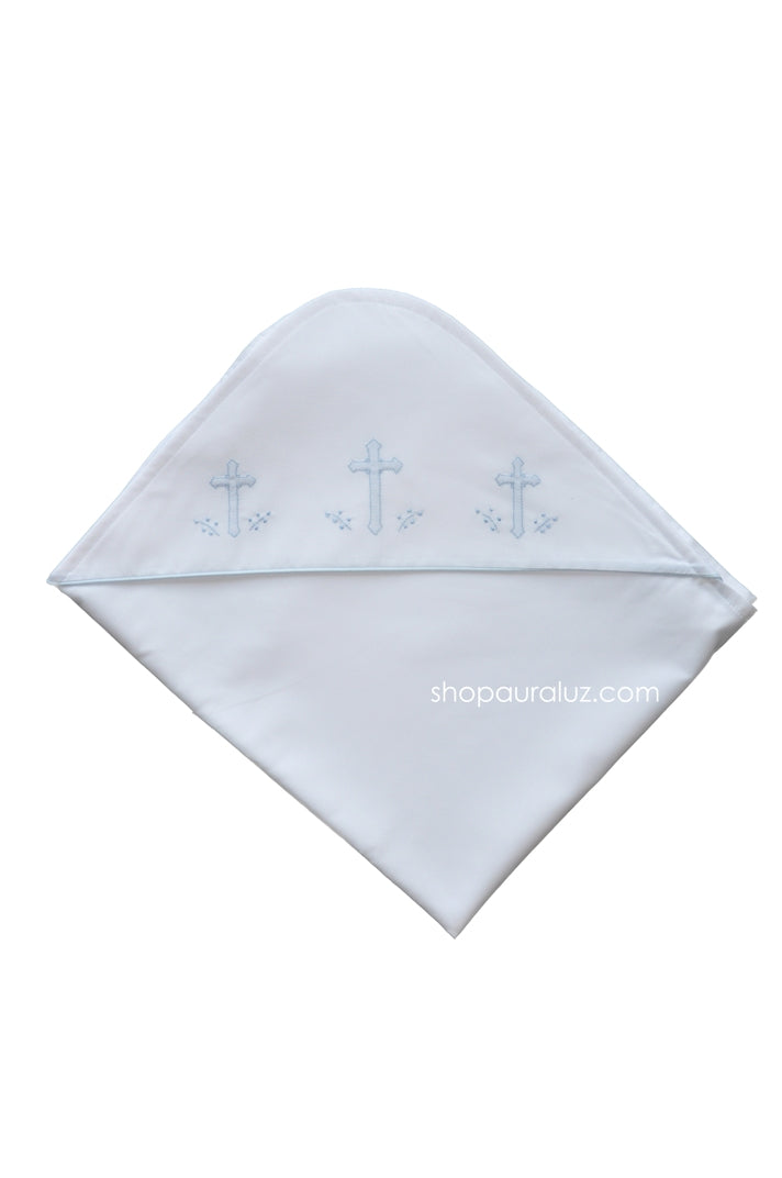 Auraluz Blanket...White with blue binding trim and embroidered crosses