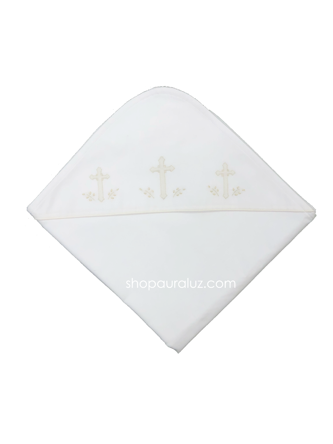 Auraluz Blanket...White with ecru binding trim and embroidered crosses