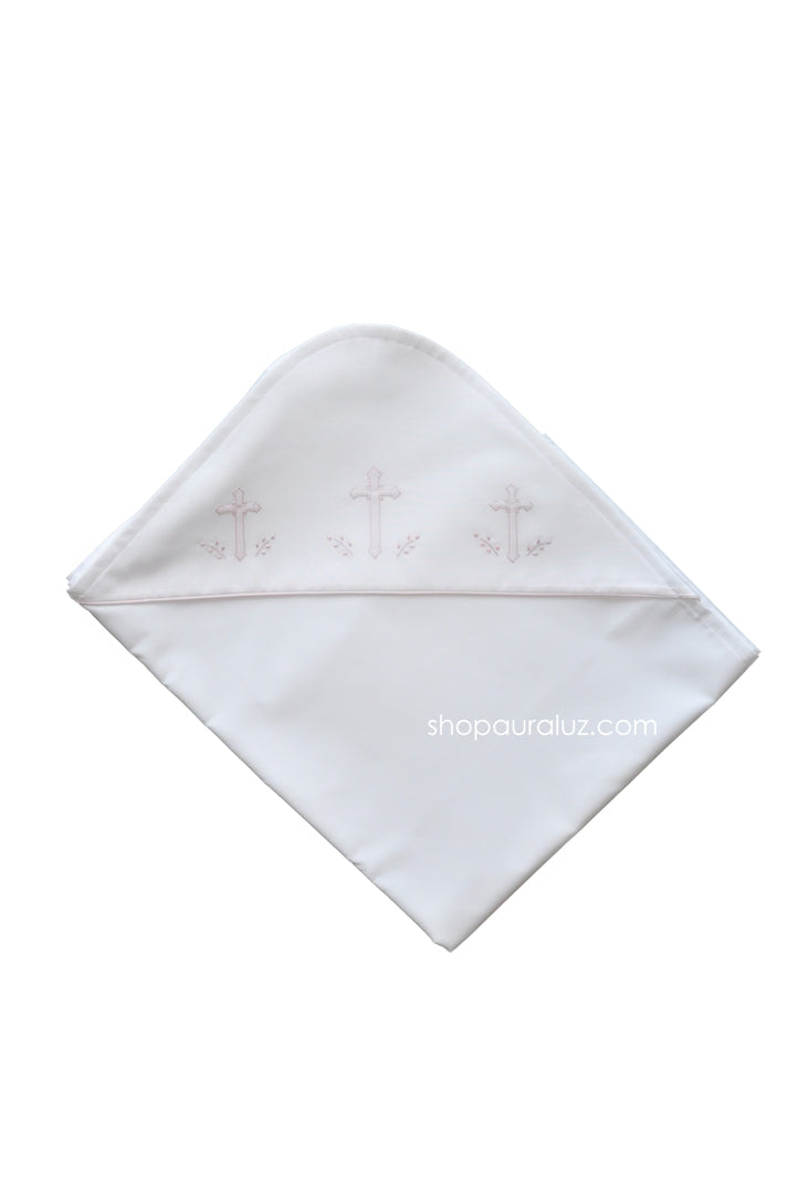 Auraluz Blanket...White with pink binding trim and embroidered crosses