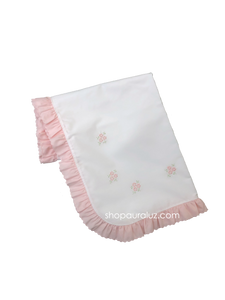 Auraluz Blanket...White with pink ruffle and embroidered flowers