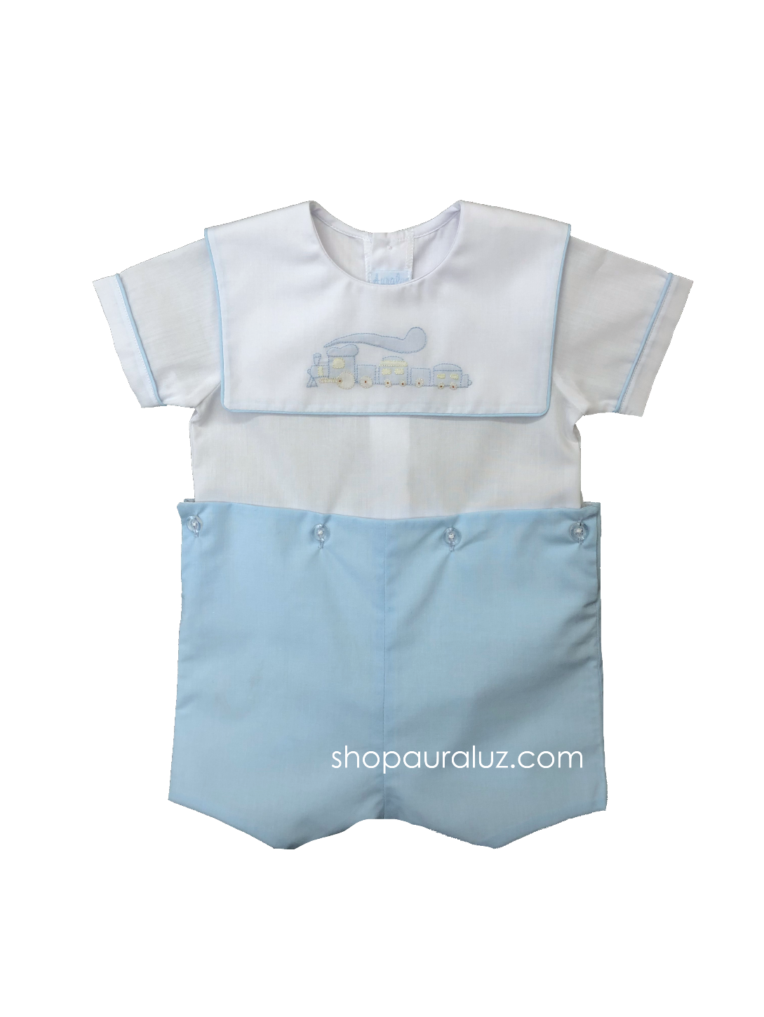Auraluz Boy Button-On..Blue with square collar and embroidered train
