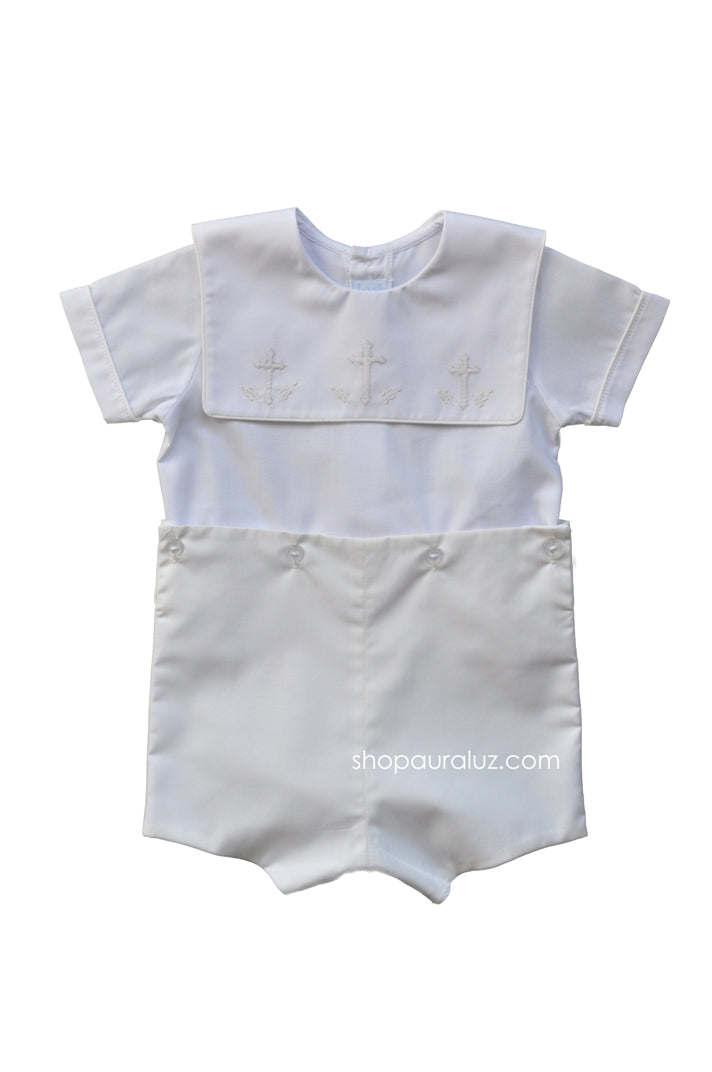 Auraluz Boy Button-On..Ecru/White with square collar and embroidered crosses