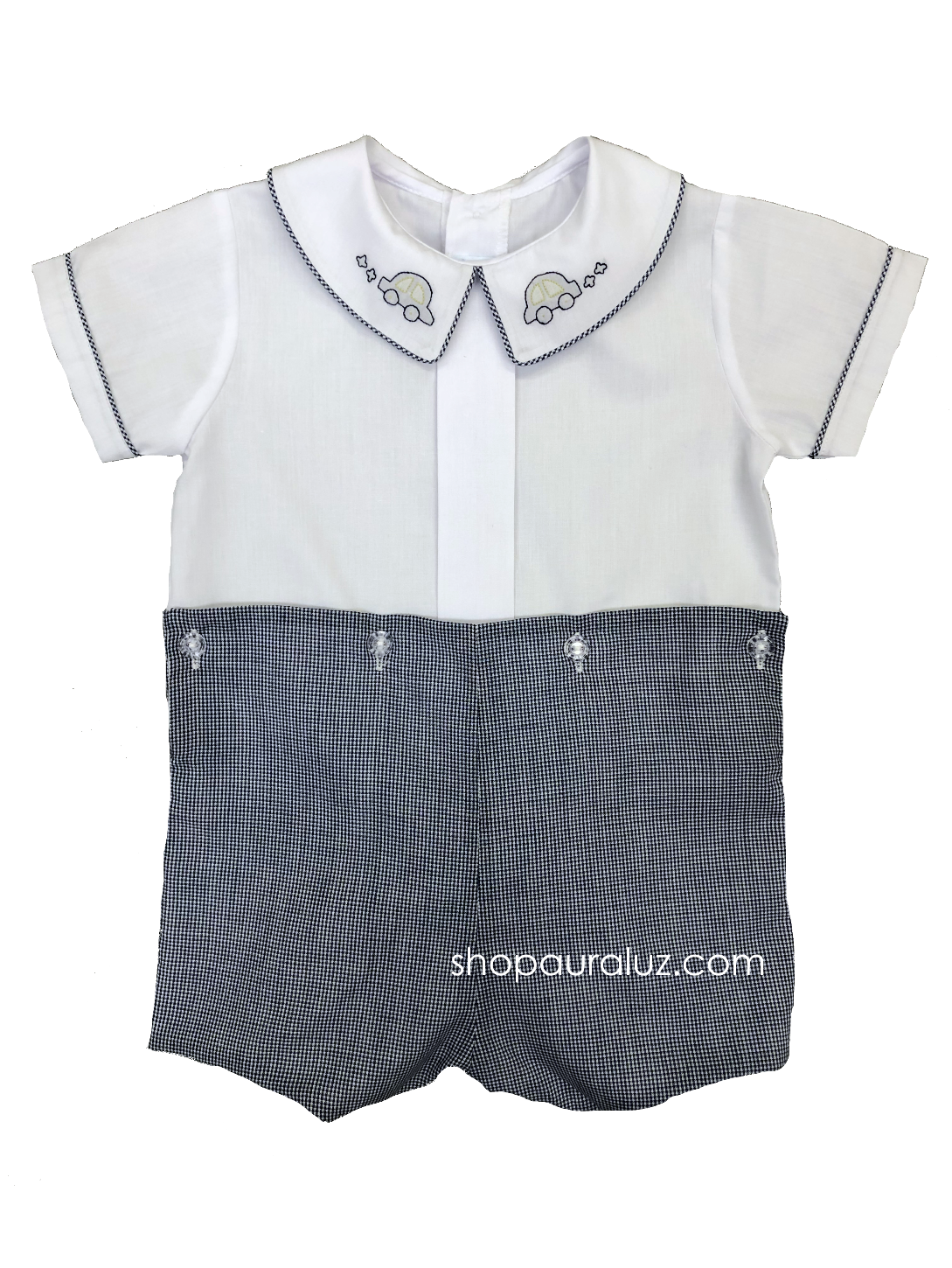 Auraluz Boy Button-On...White/navy check with boy collar and embroidered cars