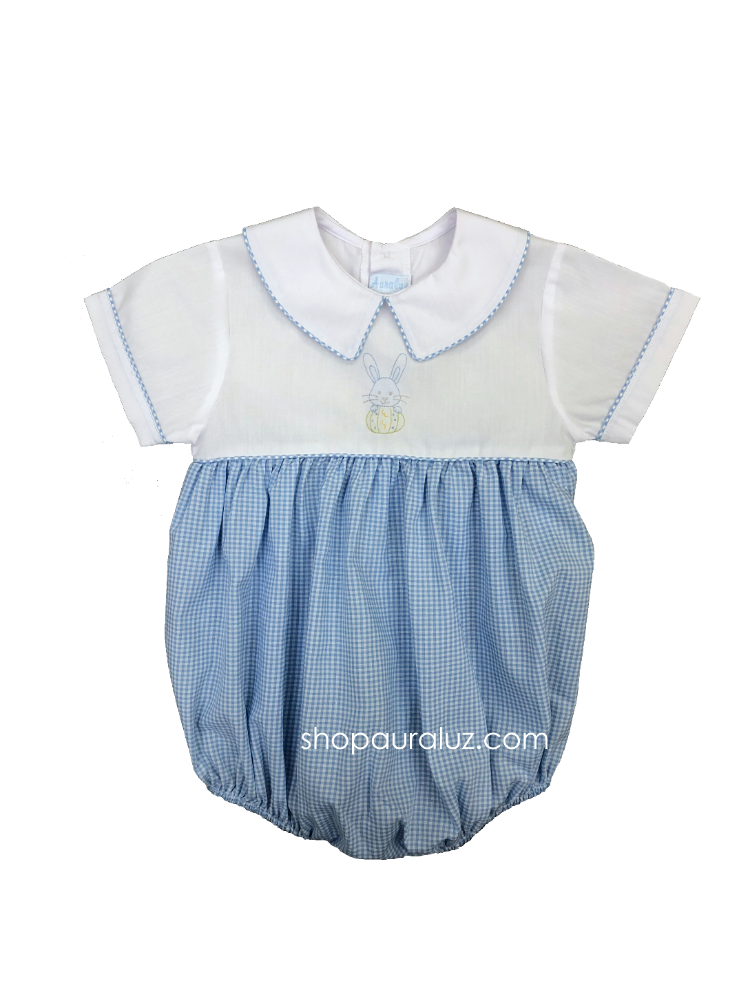 Auraluz Boy Bubble...White/blue check with boy collar and embroidered bunny