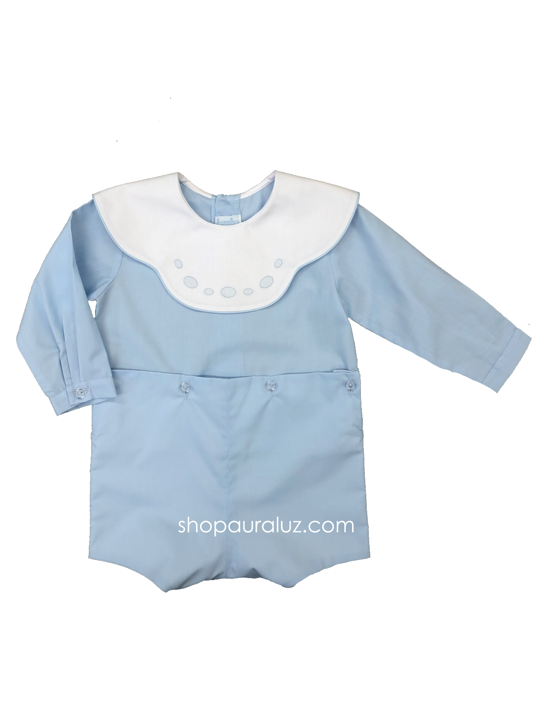Auraluz Button-On, l/s...Blue w/binding, white scalloped collar and embroidered ovals