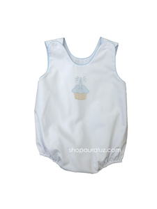 Auraluz Sleeveless Bubble..White with blue binding and embroidered cupcake. STORE EXCLUSIVE!