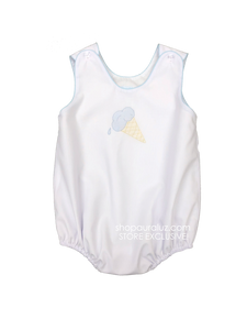 Auraluz Sleeveless Bubble..White with blue binding and embroidered ice cream cone. STORE EXCLUSIVE!