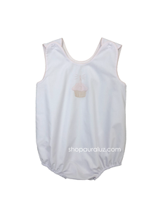 Auraluz Sleeveless Bubble..White with pink binding and embroidered cupcake. STORE EXCLUSIVE!