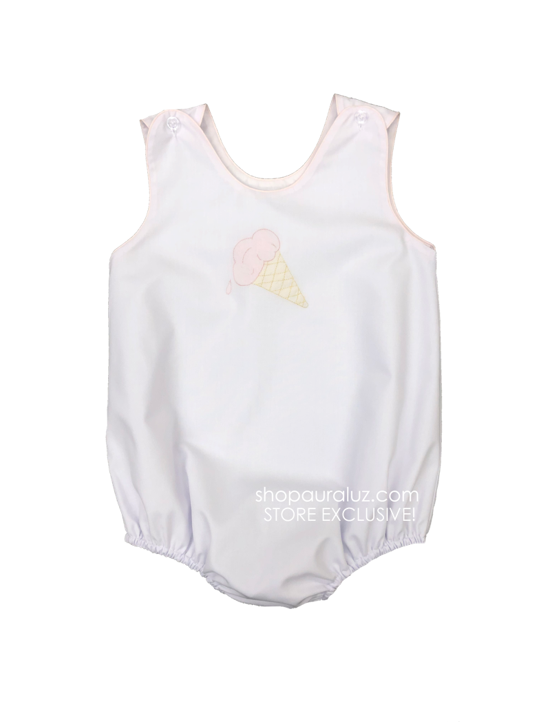Auraluz Sleeveless Bubble..White with pink binding and embroidered ice cream cone.STORE EXCLUSIVE!